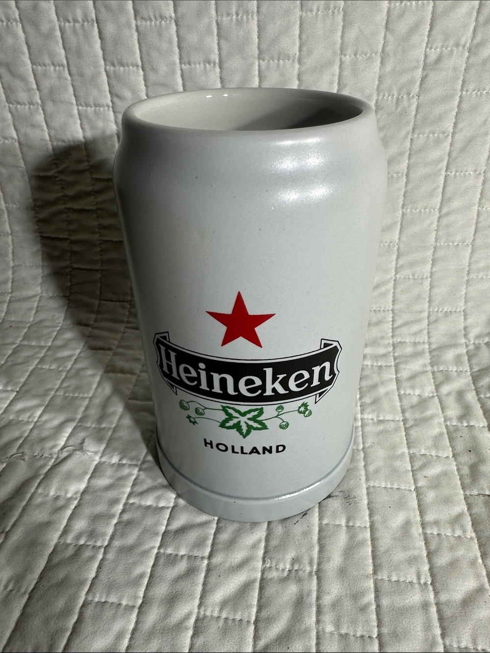 vintage white ceramic Heineken Holland beer mug, by Ceramarte in Brazil